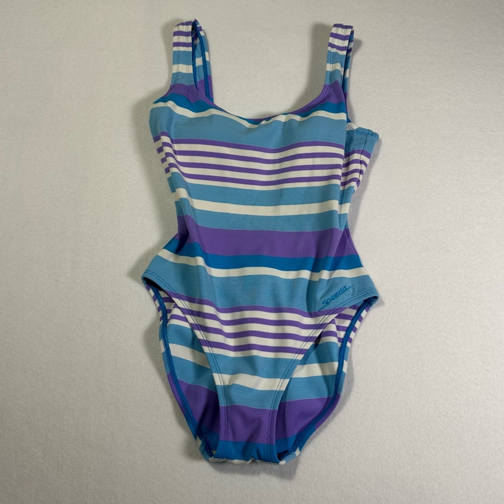 Vintage Speedo 1 Piece Swimsuit Striped Purple Blue White Size 6